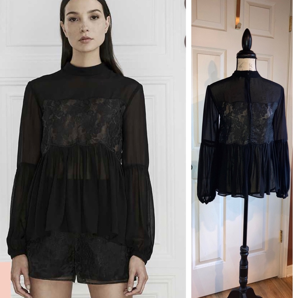 Keepsake Sundream Sheer High Neck Lace Embellished Black Long Sleeve Blouse XS